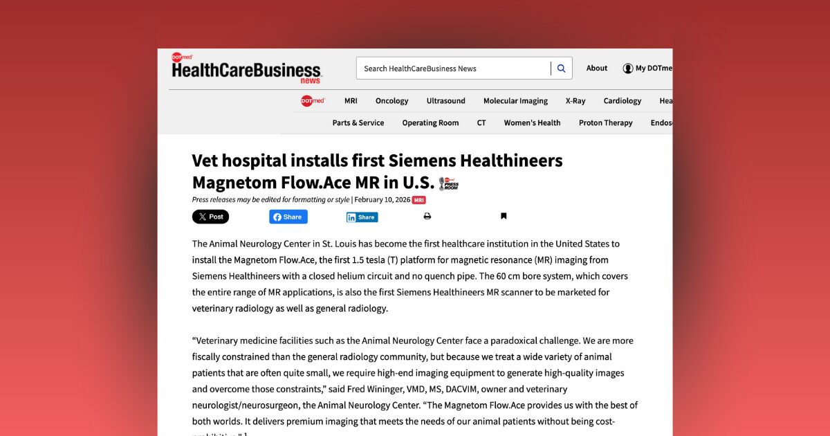 ANC Becomes the First Veterinary Practice in the U.S. to Install Siemens Healthineers Magnetom Flow.Ace MRI Scanner